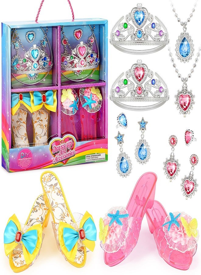 LIMIROLER Princess Dress Up Shoes Set Girls Role Play Shoes Toddler Pretend Jewelry Toys Set Gift Set 2 Pairs of Shoes Kit Collection of Tiara Crown Earrings Necklace Rings for Girls Aged 3-6 Years Old - Image 1